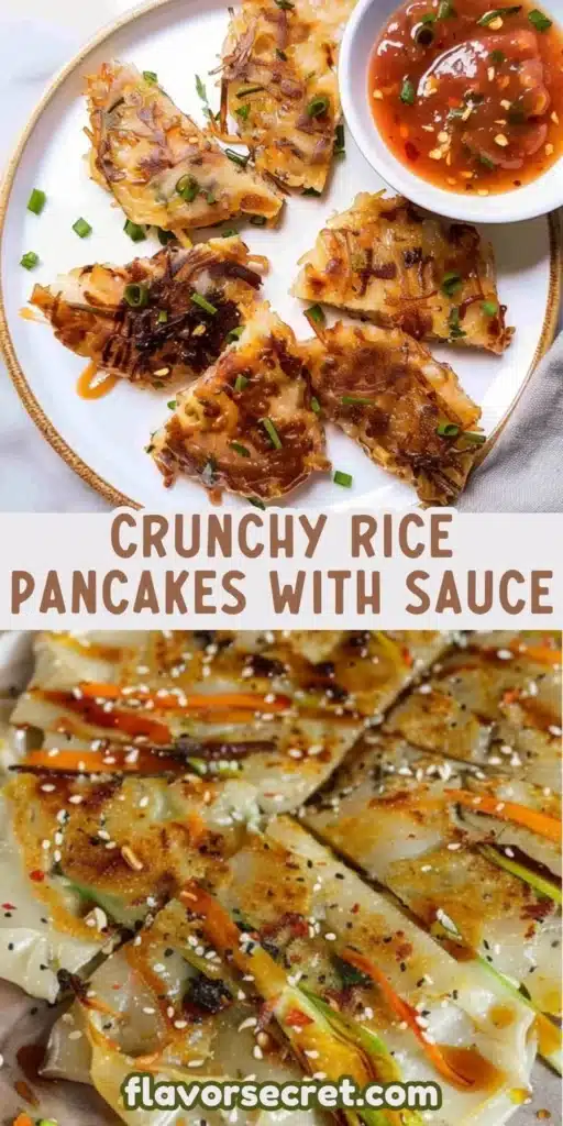Crispy rice pancakes served with a flavorful spicy dipping sauce.