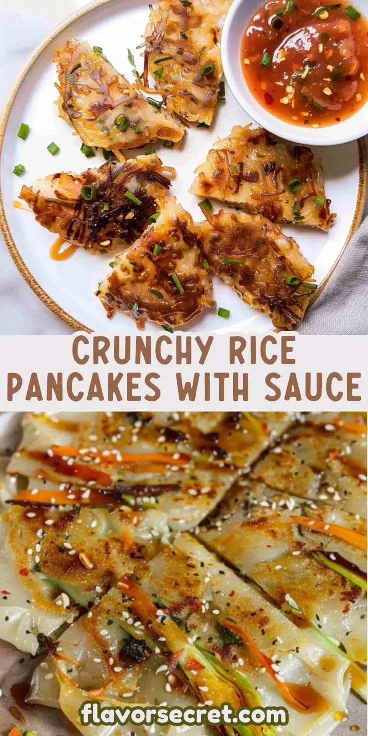 Crispy rice pancakes served with a flavorful spicy dipping sauce.