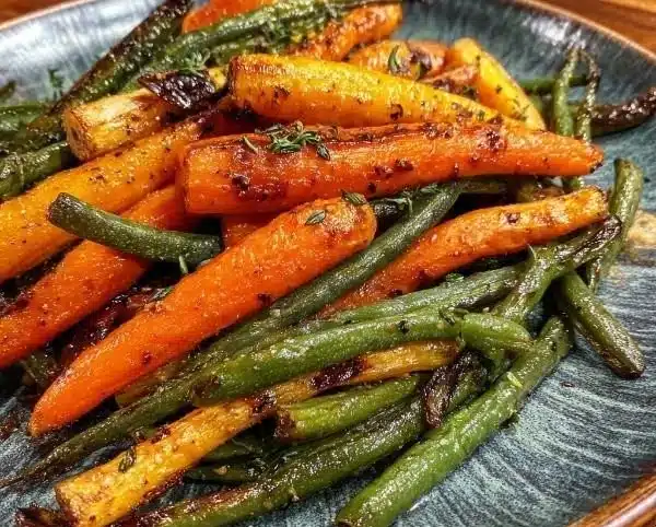 Crispy roasted carrots and green beans served in a bowl