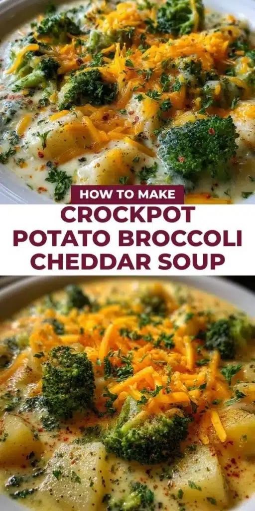 Crockpot Potato Broccoli Cheddar Soup served in a bowl garnished with cheese and broccoli.