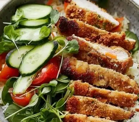 Crunchy sourdough chicken cutlet bowl with fresh vegetables and sauce