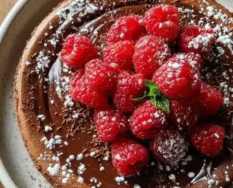 Dark Chocolate Raspberry Mousse Cake with fresh raspberries and chocolate drizzle