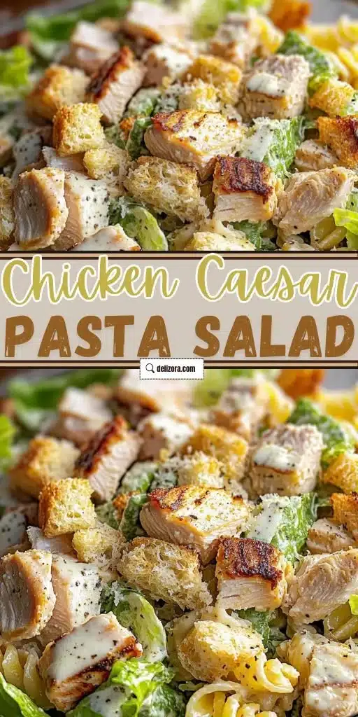 Bowl of Chicken Caesar Pasta Salad with fresh ingredients and dressing