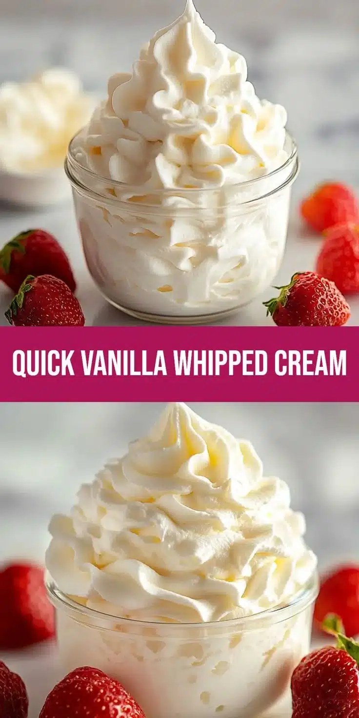 Homemade vanilla whipped cream in a bowl garnished with berries