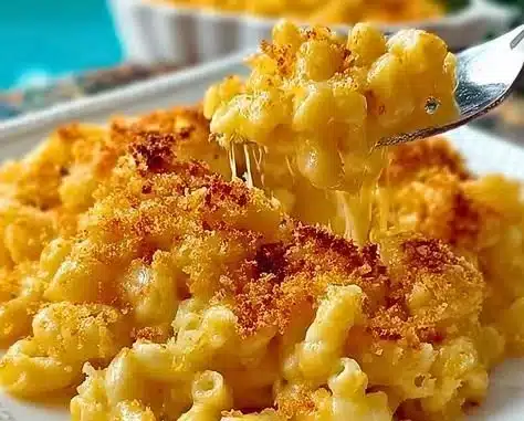 Easy baked mac and cheese dish served in a bowl for kids