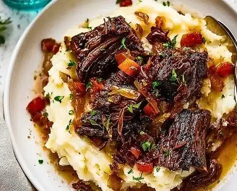 Delicious plates of easy braised short ribs served with vegetables