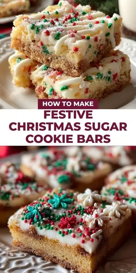 Festive Christmas Sugar Cookie Bars decorated with holiday sprinkles