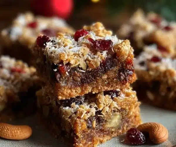 Festive spiced Christmas dessert bars with a crunchy crust on a holiday serving platter.