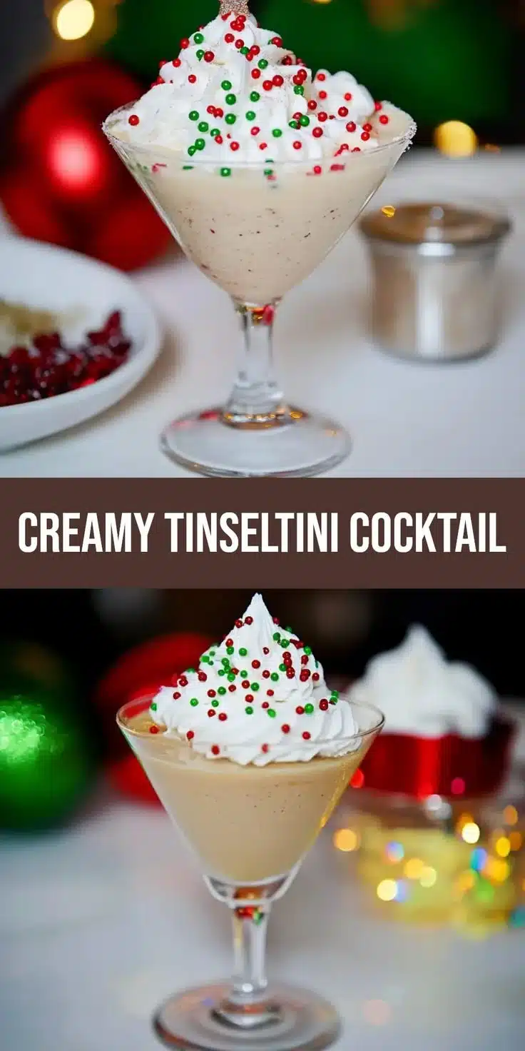 Festive Tinseltini holiday cocktail garnished with colorful sprinkles