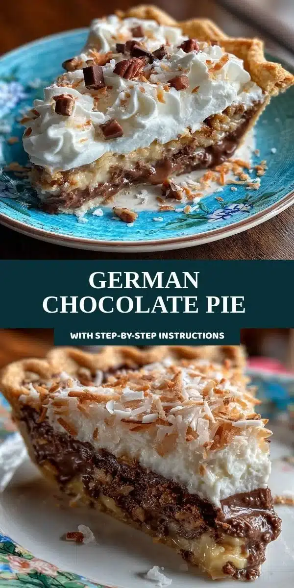 Delicious slice of German Chocolate Pie with chocolate, coconut, and pecans.