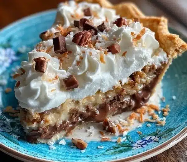 Slice of homemade German Chocolate Pie with coconut and pecan topping