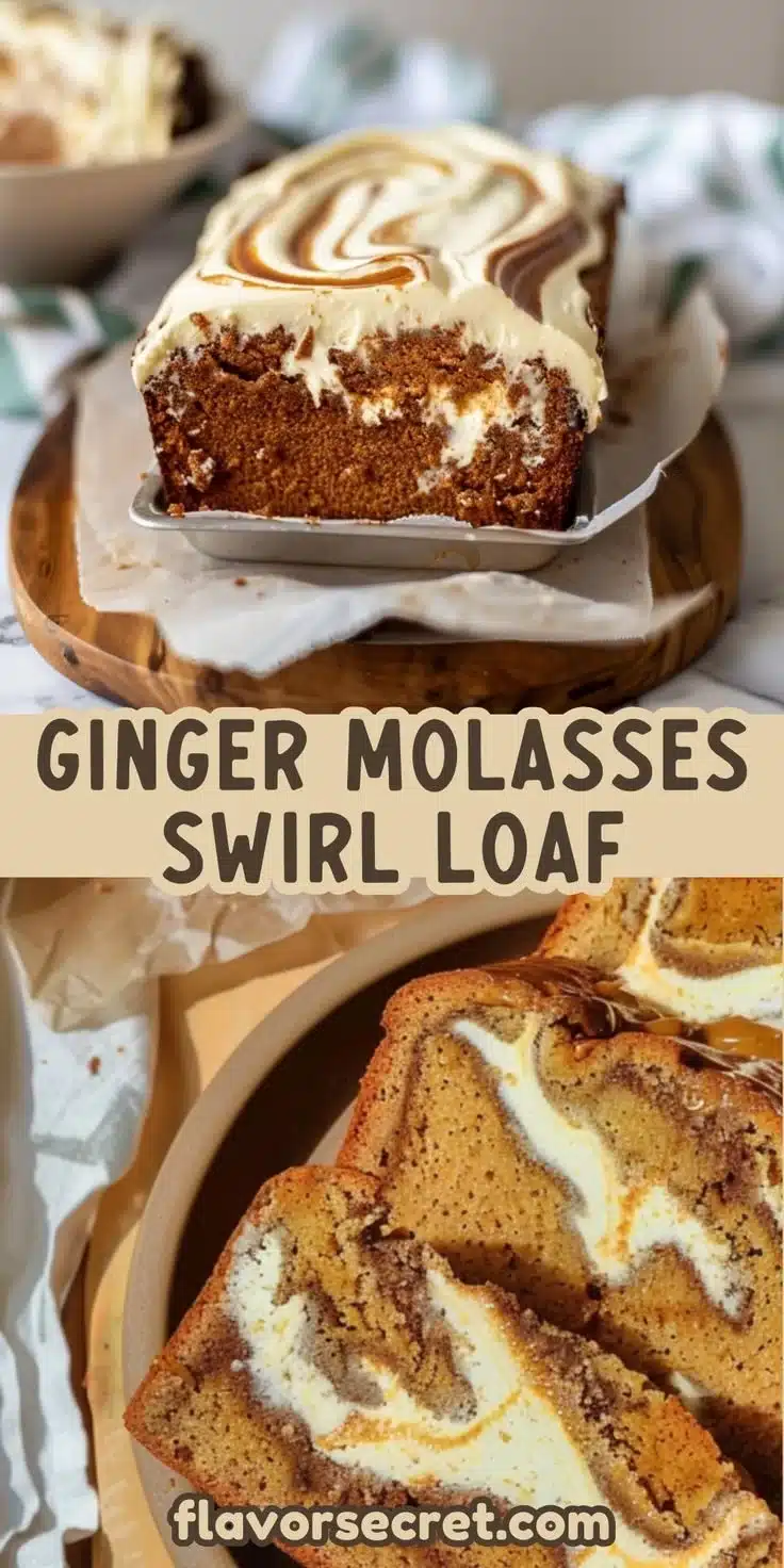 Ginger Molasses Cream Cheese Swirl Loaf freshly baked and sliced