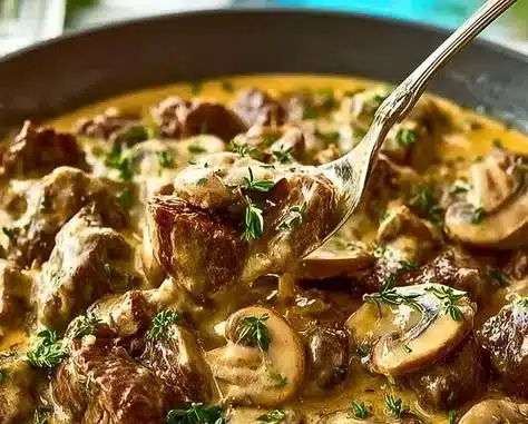 Deliciously creamy Beef Stroganoff by Gordon Ramsay served on a plate