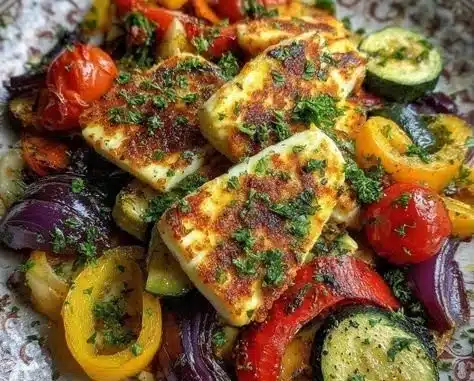 Grilled halloumi with colorful roasted vegetables and lemon dressing on a plate.