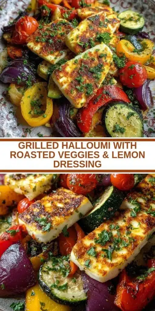 Grilled halloumi served with colorful roasted veggies and lemon dressing.