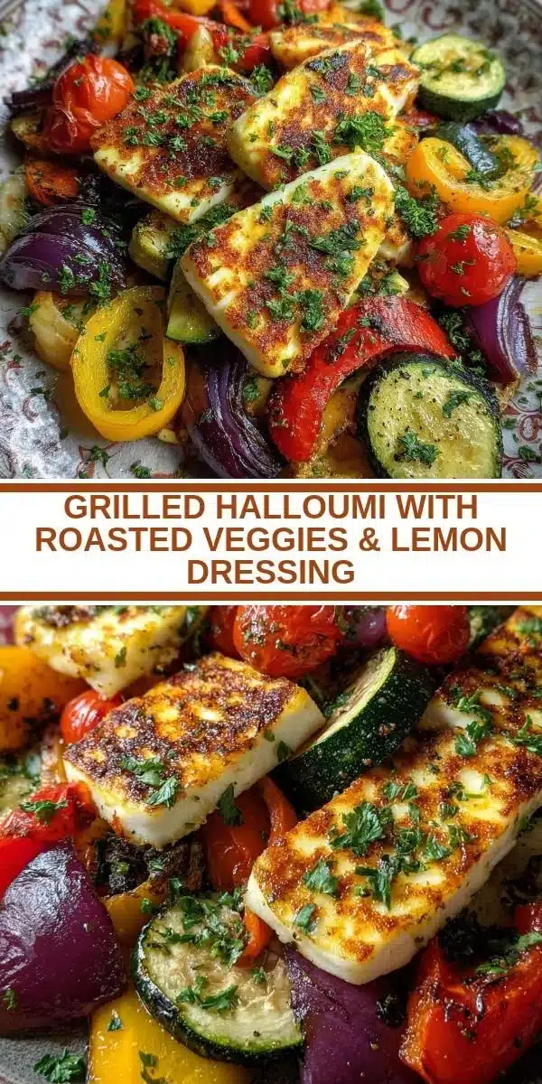 Grilled halloumi served with colorful roasted veggies and lemon dressing.
