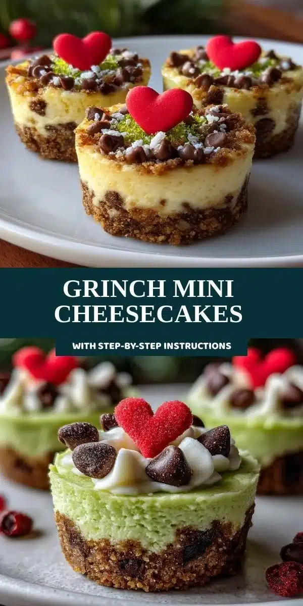 Festive Grinch Mini Cheesecakes topped with red and green decorations