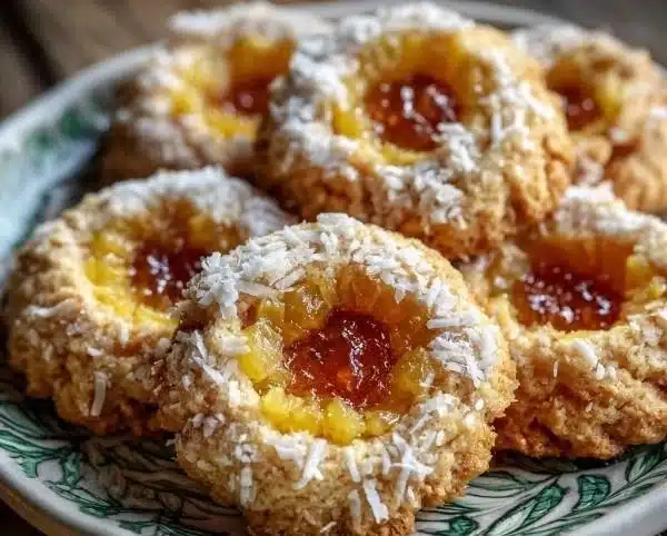 Hawaiian Pineapple Coconut Thumbprint Cookies on a colorful plate