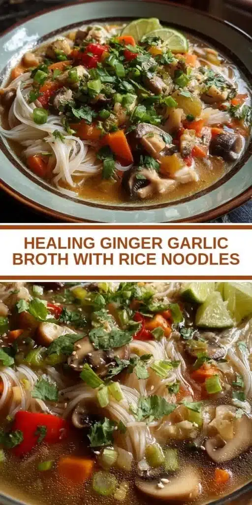 Healing Ginger Garlic Broth served with Rice Noodles in a bowl
