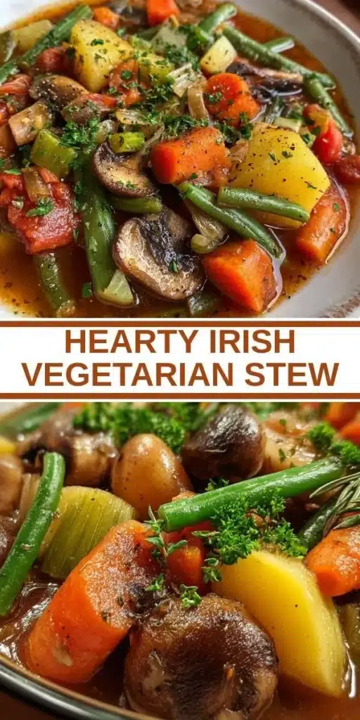 A delicious bowl of hearty Irish vegetarian stew with vibrant vegetables.