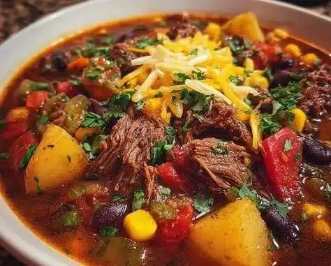 Bowl of hearty southwestern cowboy stew with colorful ingredients