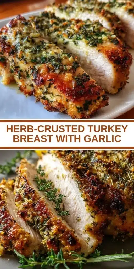Herb-crusted turkey breast with garlic garnished with herbs on a white plate