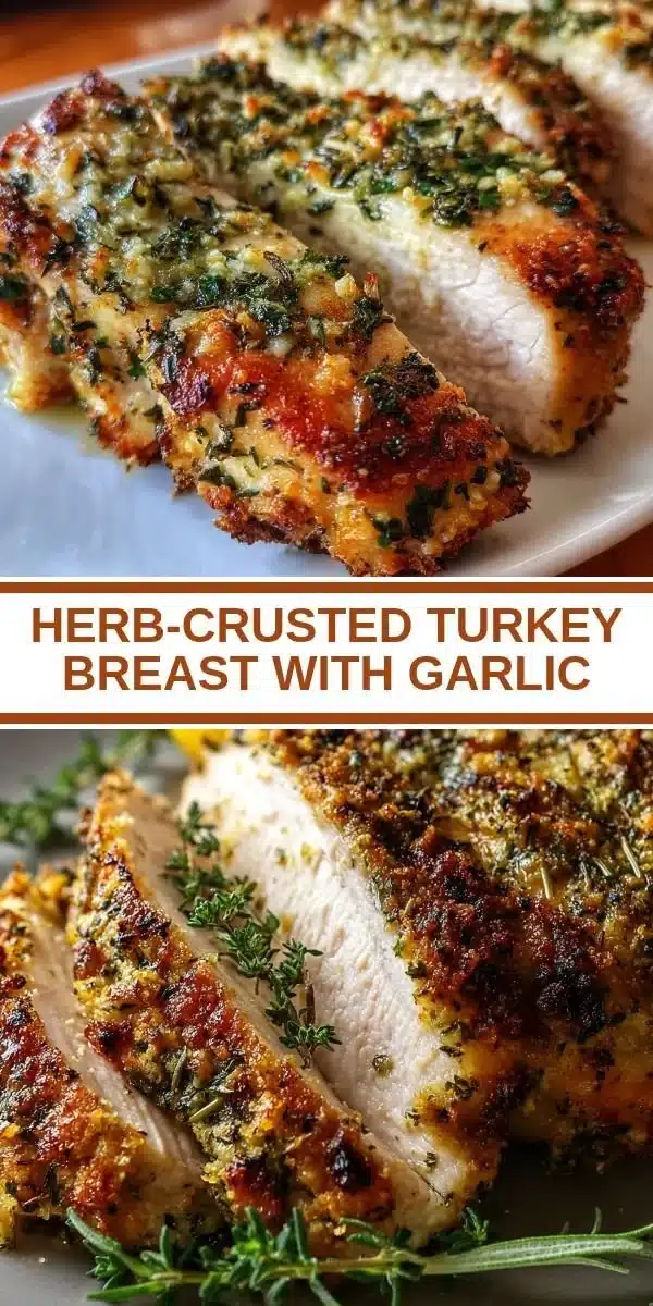 Herb-crusted turkey breast with garlic garnished with herbs on a white plate