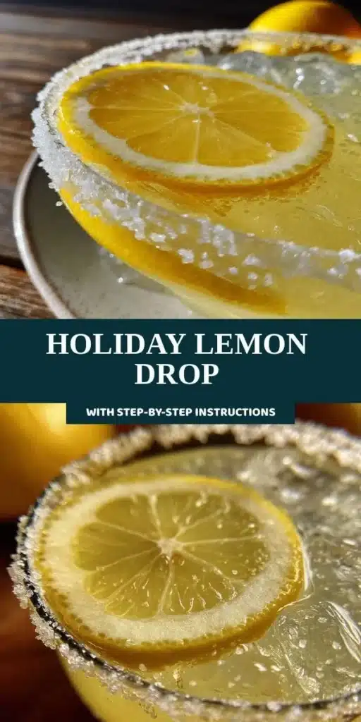 Holiday Lemon Drop cocktail garnished with lemon slices and a festive backdrop