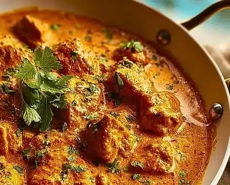 Bowl of homemade butter chicken with coconut milk served with rice