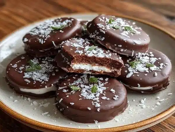 Homemade peppermint patties displayed on a plate, showcasing their minty chocolate goodness