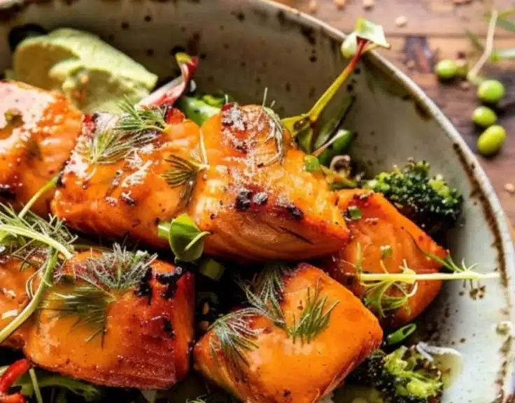 Honey Butter Roasted Salmon served over rice in a delicious bowl.