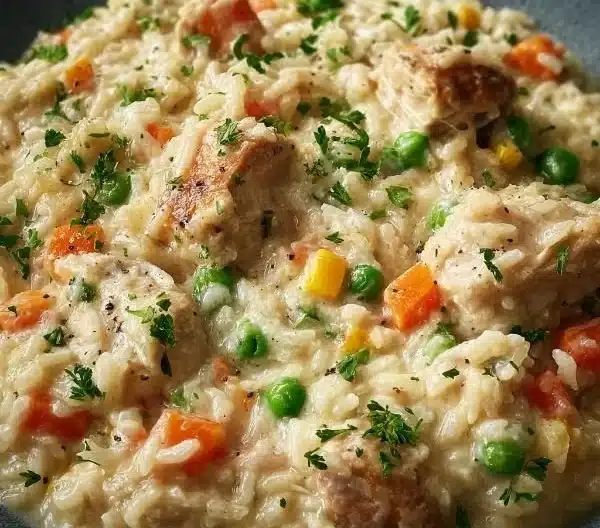 Delicious Instant Pot creamy chicken with rice served in a bowl