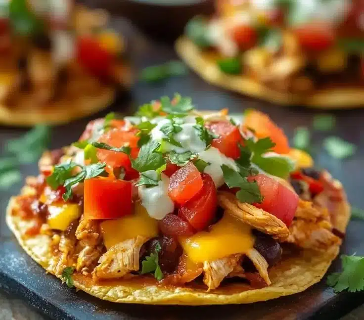 Plate of Mexican tostadas topped with rotisserie chicken and fresh toppings.