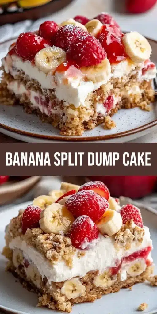 Delicious banana split dump cake with layers of fruit and whipped cream