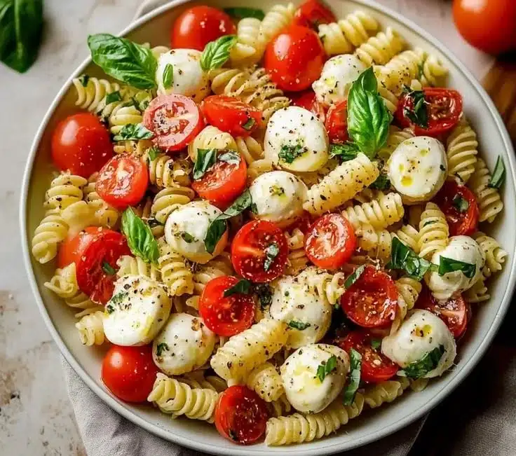 Irresistibly creamy Caprese Pasta Salad with fresh tomatoes, mozzarella, and basil