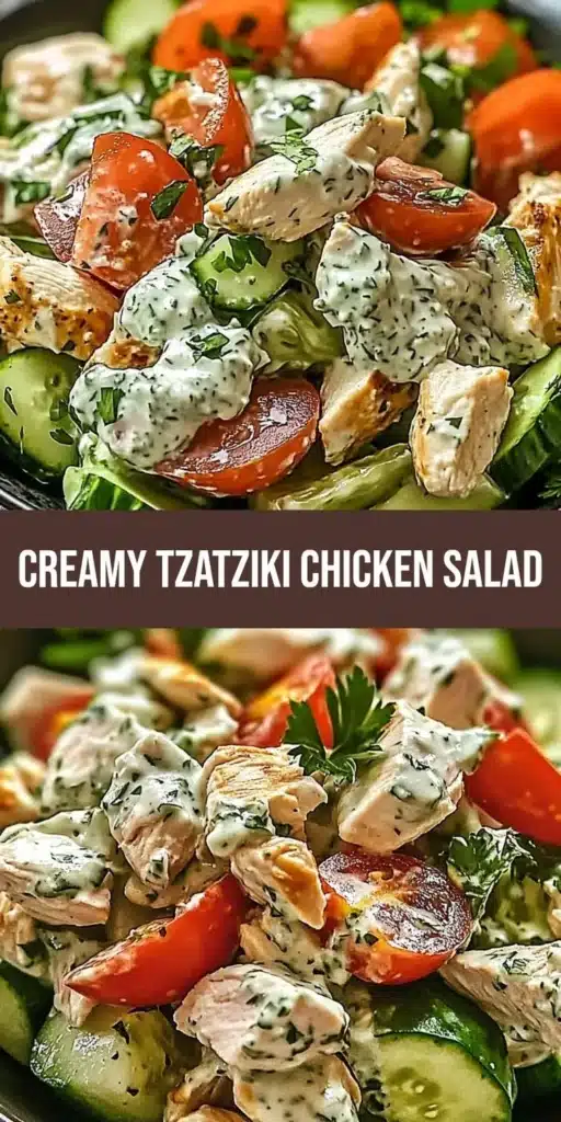 Creamy tzatziki chicken salad in a bowl garnished with fresh vegetables