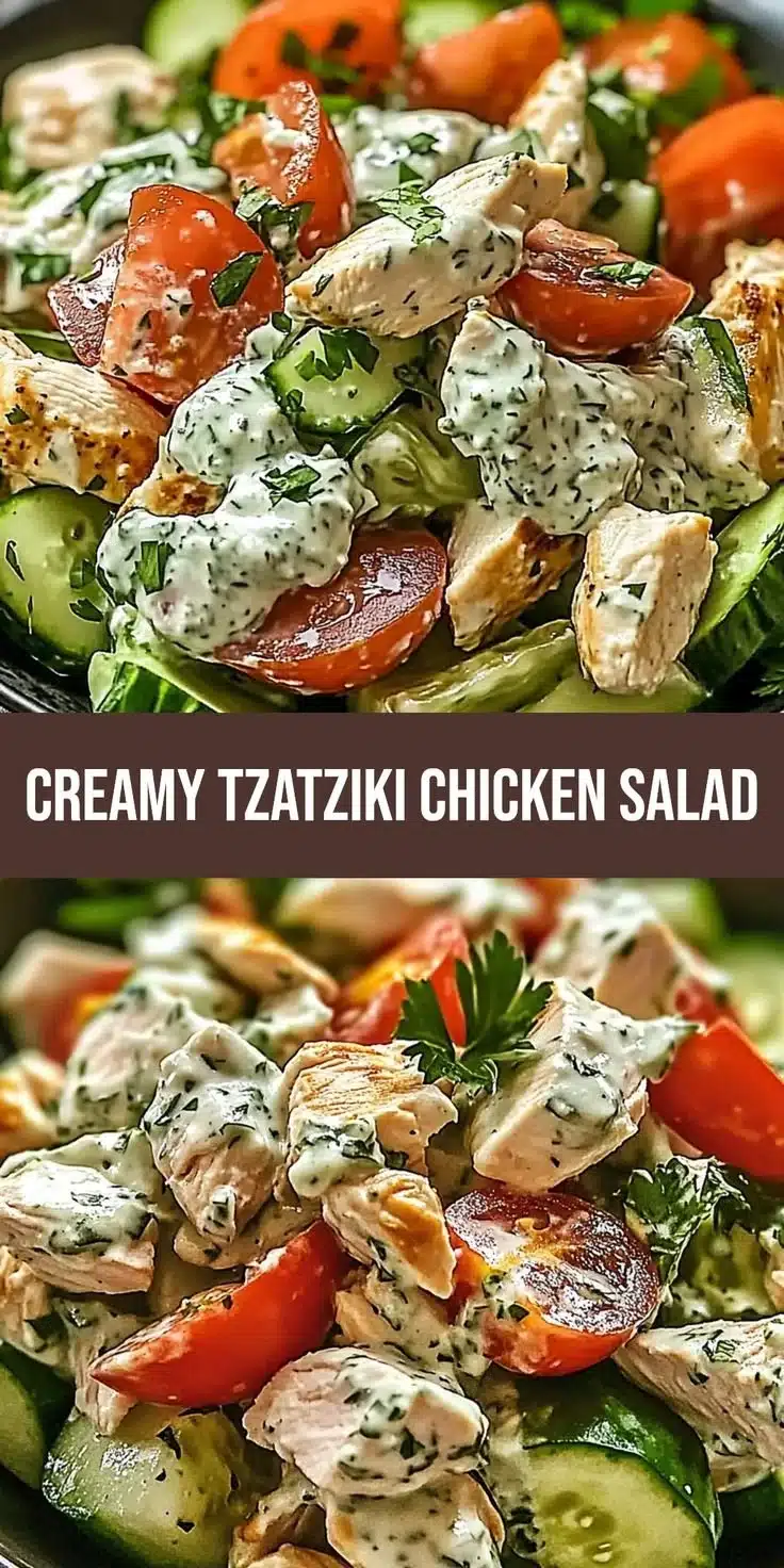 Creamy tzatziki chicken salad in a bowl garnished with fresh vegetables