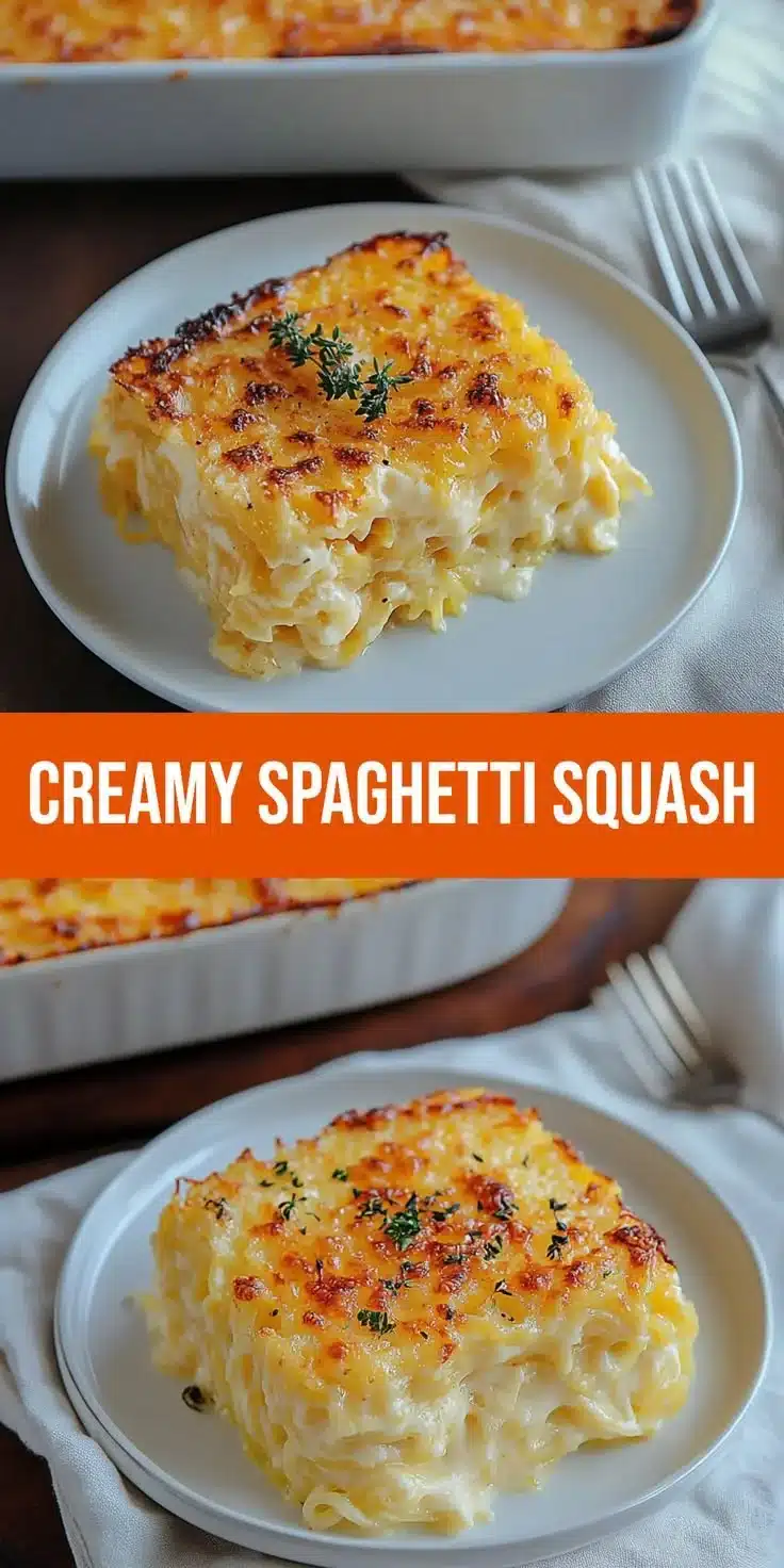 Irresistibly creamy spaghetti squash au gratin dish served in a baking dish