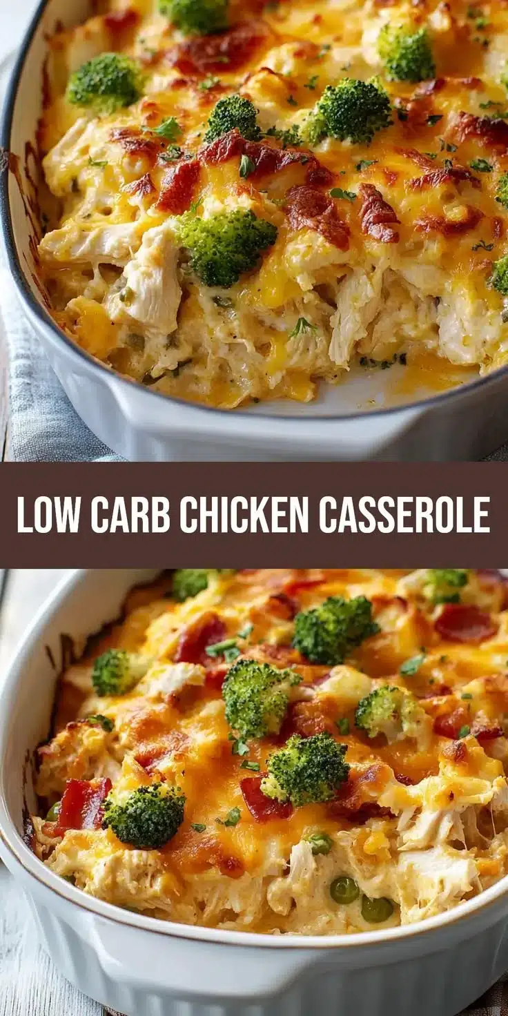 Low carb chicken casserole in a baking dish, perfect for family dinners
