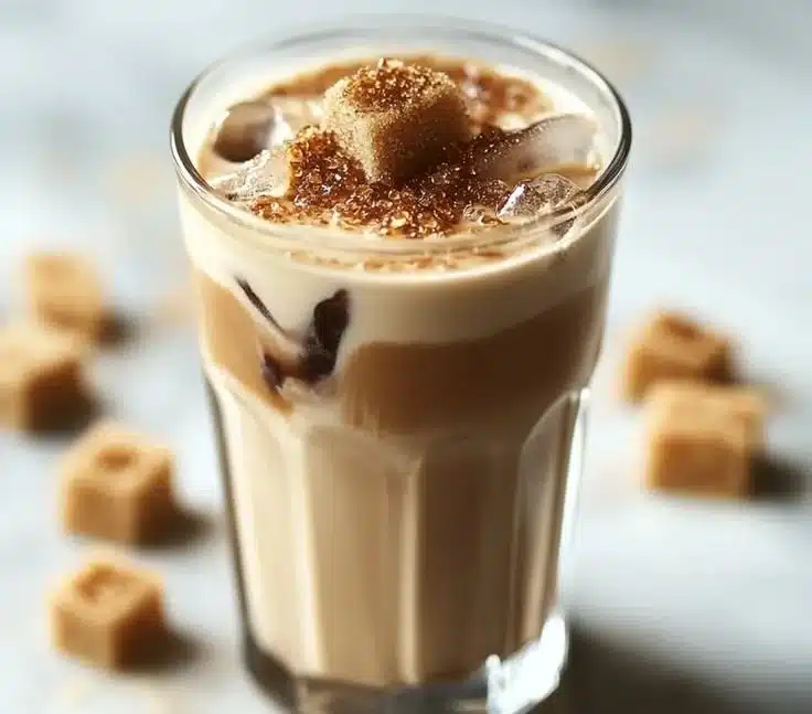 Delicious brown sugar vanilla iced coffee in a glass with ice and whipped cream