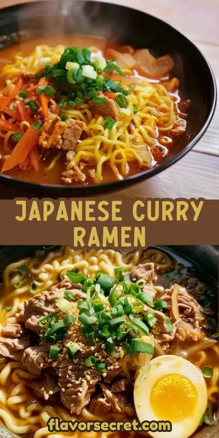 Bowl of Japanese Curry Ramen topped with vegetables and herbs
