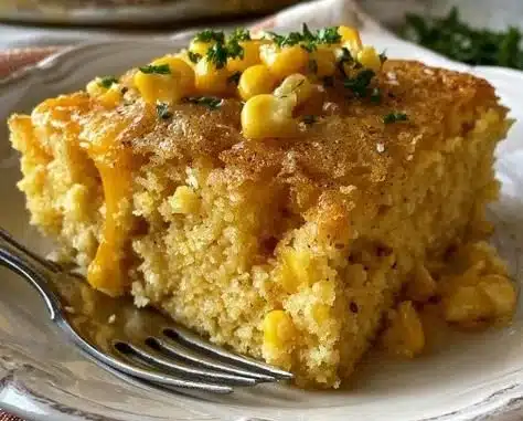 Delicious Jiffy corn casserole served in a baking dish