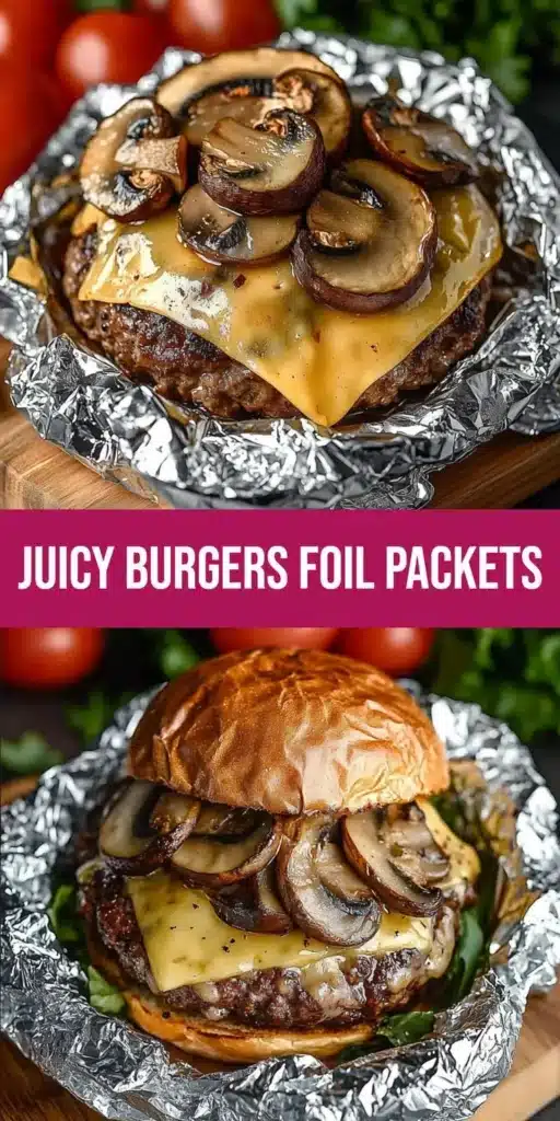 Juicy mushroom and Swiss burger foil packets ready to be grilled.