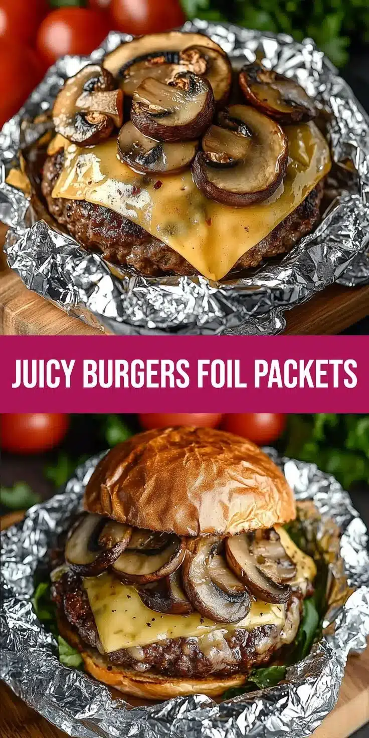 Juicy mushroom and Swiss burger foil packets ready to be grilled.