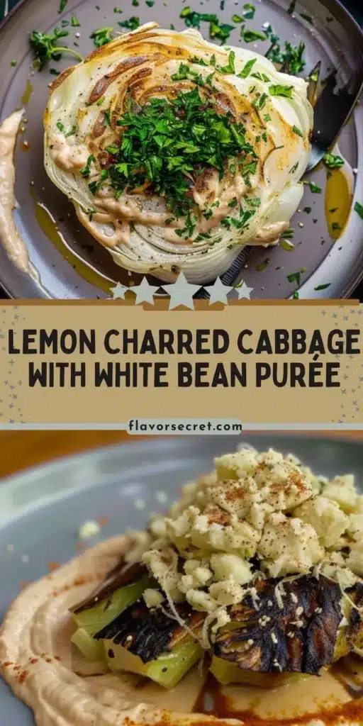 Lemon charred cabbage served with white bean purée on a plate.