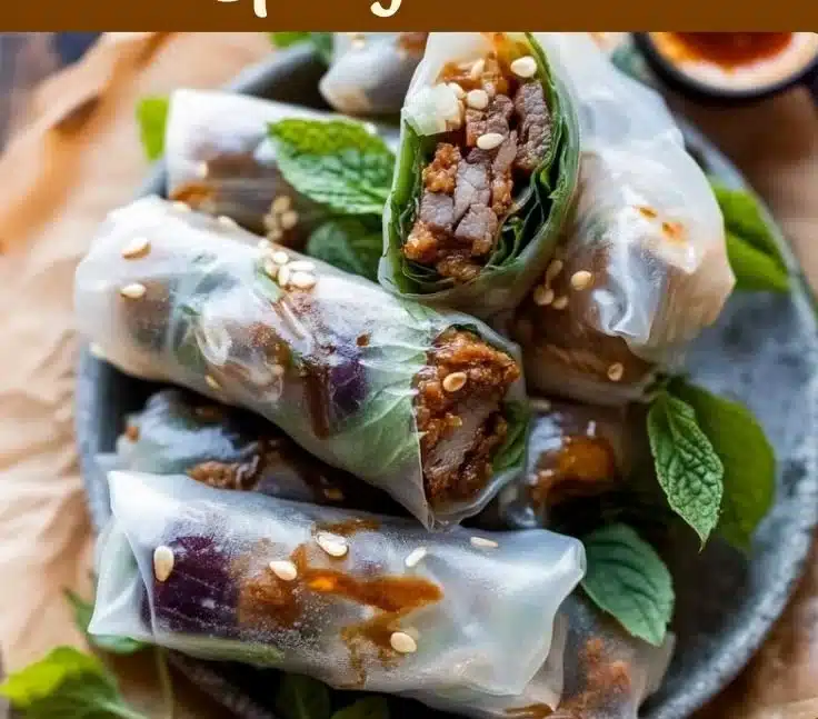 Delicious lemongrass beef spring rolls served with dipping sauce