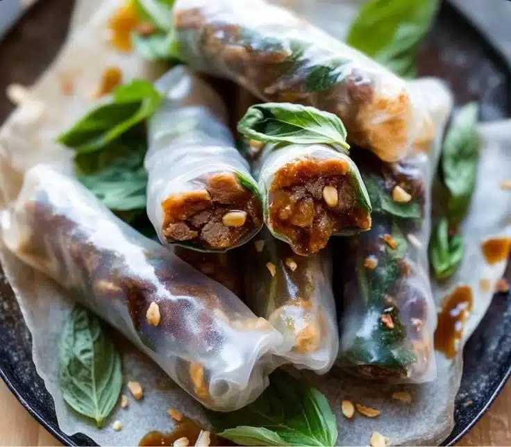 Delicious Lemongrass Beef Spring Rolls served with dipping sauce.
