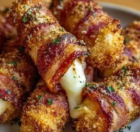 Low carb Nashville hot bacon wrapped mozzarella sticks with a spicy coating