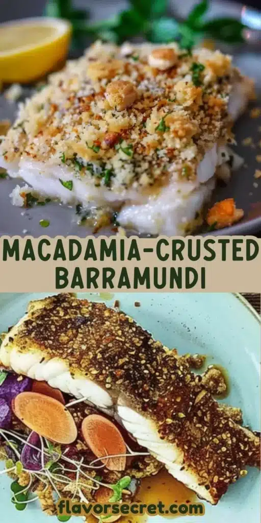 Plate of Macadamia-Crusted Barramundi garnished with herbs and lemon.