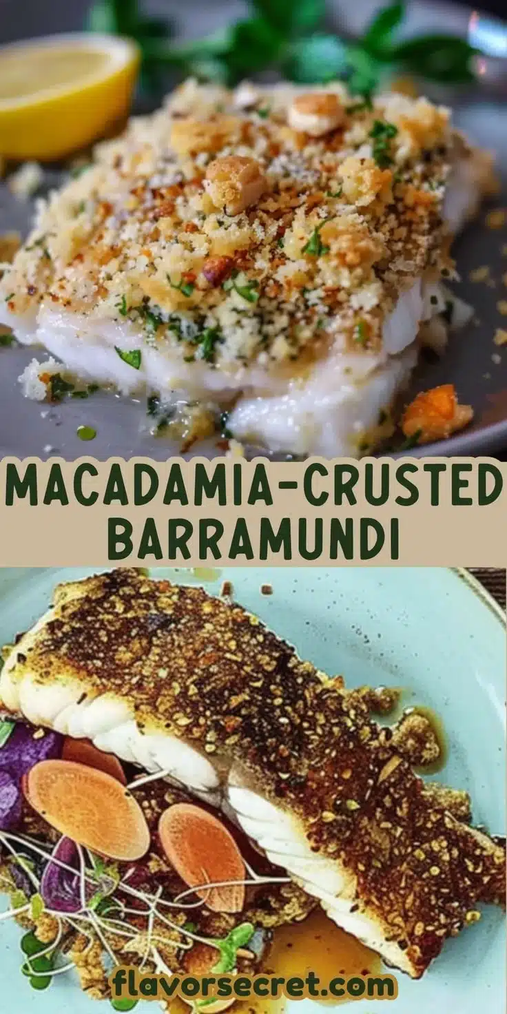 Plate of Macadamia-Crusted Barramundi garnished with herbs and lemon.